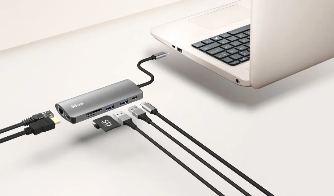 Хаб Trust Dalyx 7-IN-1 USB-С > 2xUSB-А 3.2/USB-С/HDMI/Ehernet/SD/microSD, Алюміній, 0.25м, Сірий