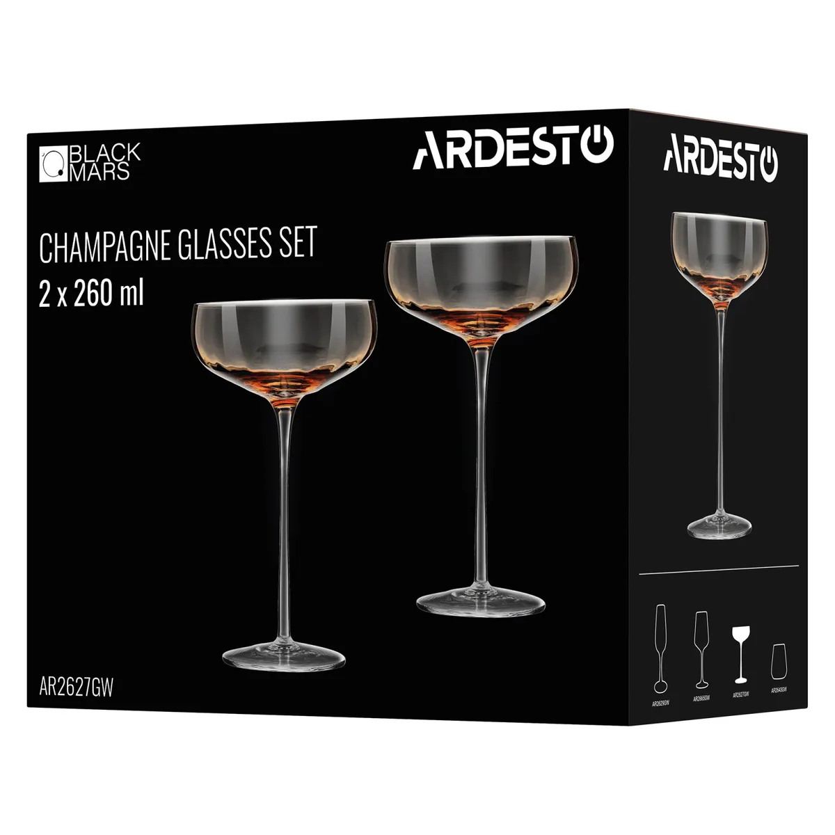 Набір келихів для ігристих вин ARDESTO Black Mars Altair 260мл, 2шт, скло, з золотистим декором.