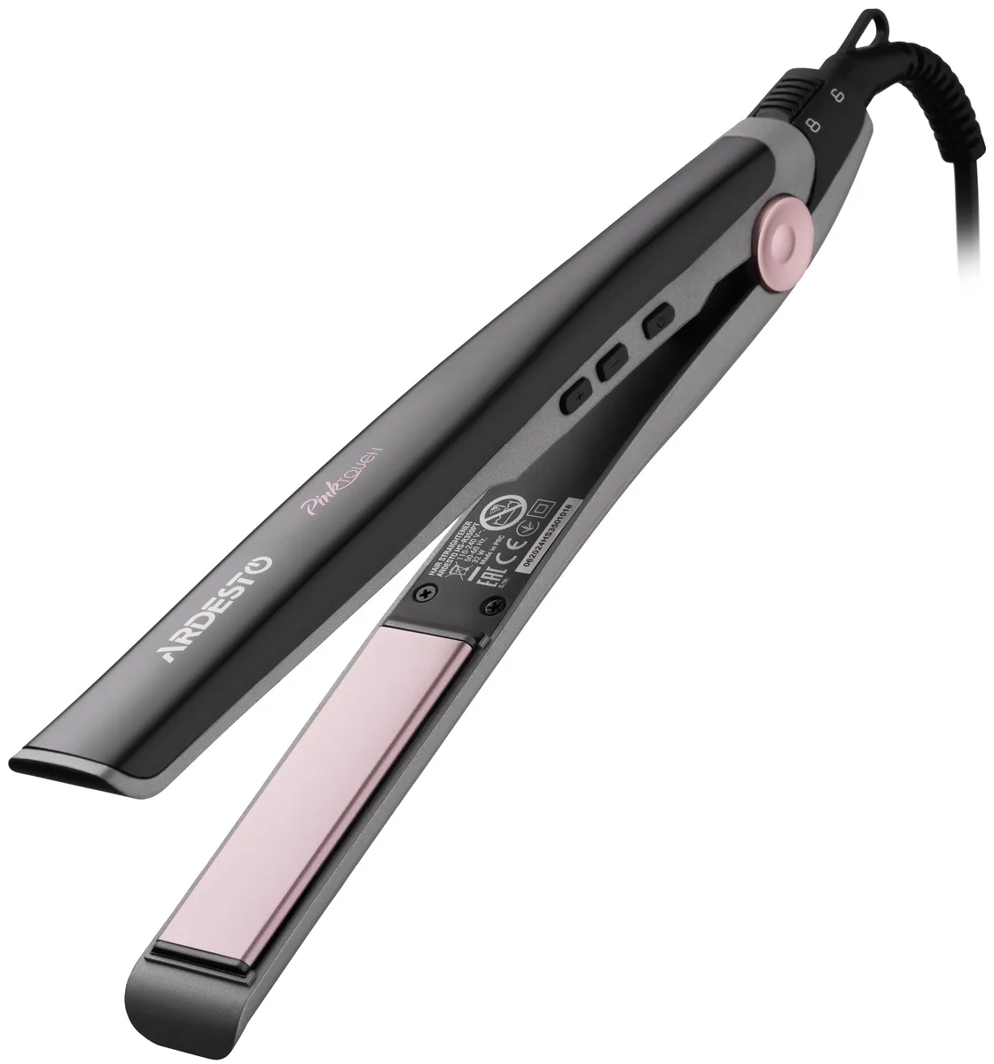 Випрямляч ARDESTO Pink Elegance, 32Вт, 110-200°C, керамічне покриття, сірий з рожевими акцентами.