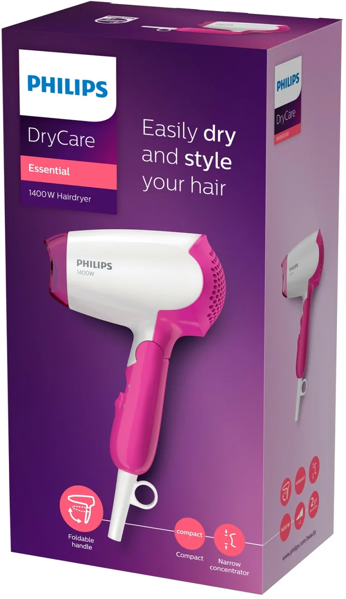 Фен Philips компактний 1400 Вт 22х11,4х7,7 см рожевий/білий