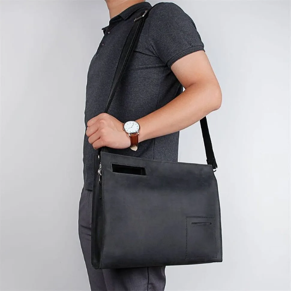 Кожаная сумка-папка John McDee черная большая для документов и ноутбука органайзер мессенджер