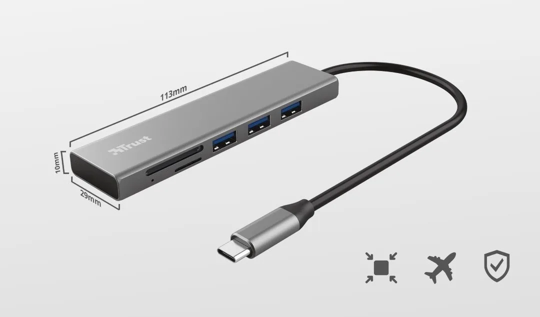 Хаб Trust Halyx USB-С > 3xUSB-А 3.2/SD/microSD, Алюміній, 0.15м, Сірий