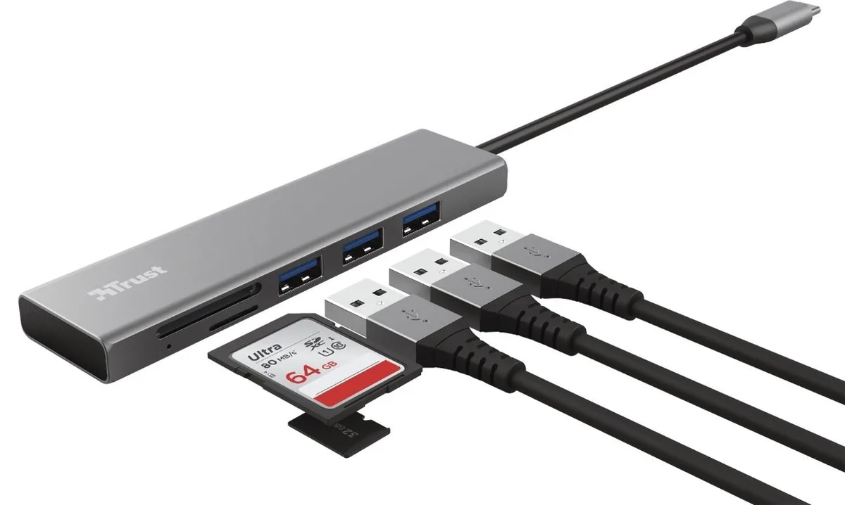Хаб Trust Halyx USB-С > 3xUSB-А 3.2/SD/microSD, Алюміній, 0.15м, Сірий