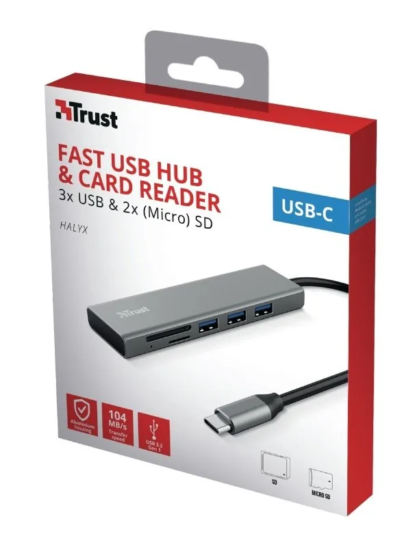 Хаб Trust Halyx USB-С > 3xUSB-А 3.2/SD/microSD, Алюміній, 0.15м, Сірий
