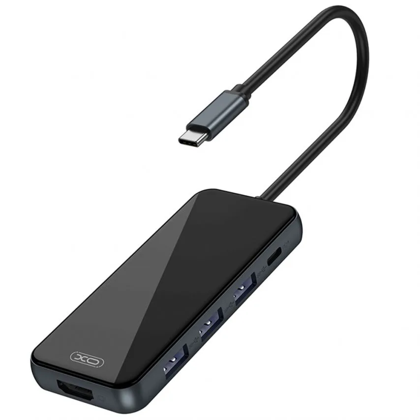 USB-хаб 5в1 XO метал чорний Type-C HDMI 3USB Fast Charge