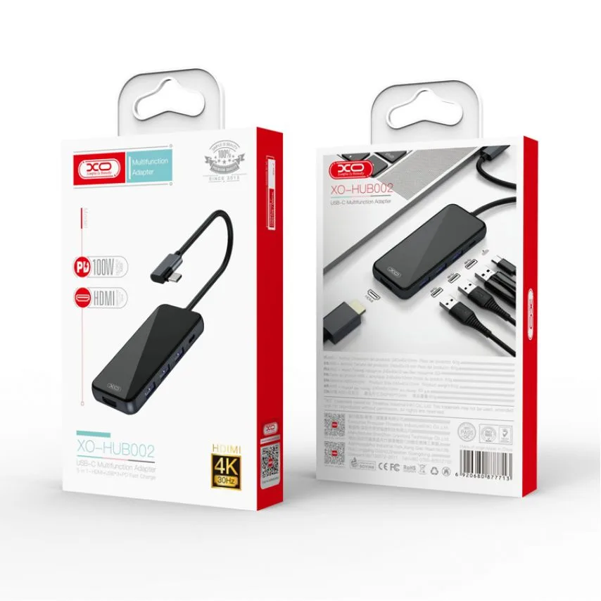 USB-хаб 5в1 XO металл черный Type-C HDMI 3USB Быстрая зарядка