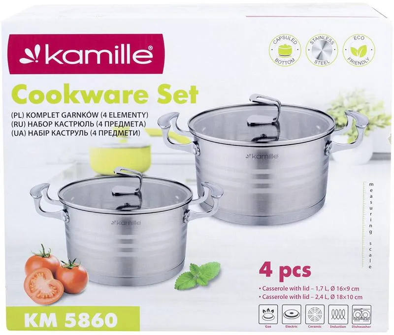 Набор кастрюль Kamille нержавеющая сталь 1,5 л 2,4 л со стеклянными крышками