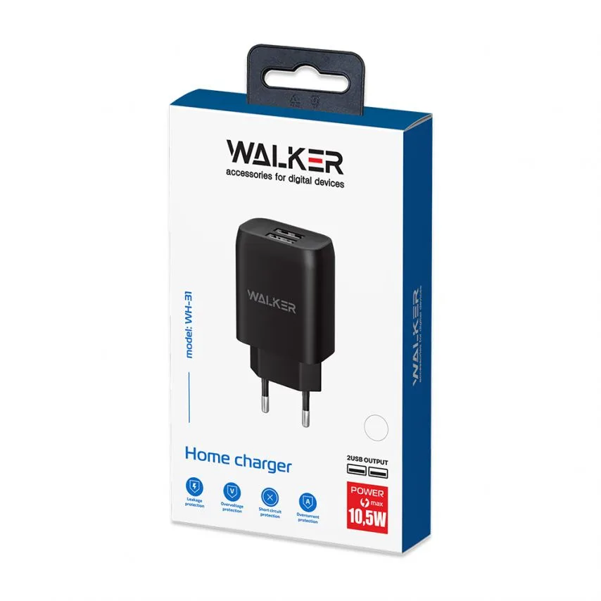 Мережевий зарядний пристрій WALKER пластик 68х40х22 мм білий 2USB 2,1A