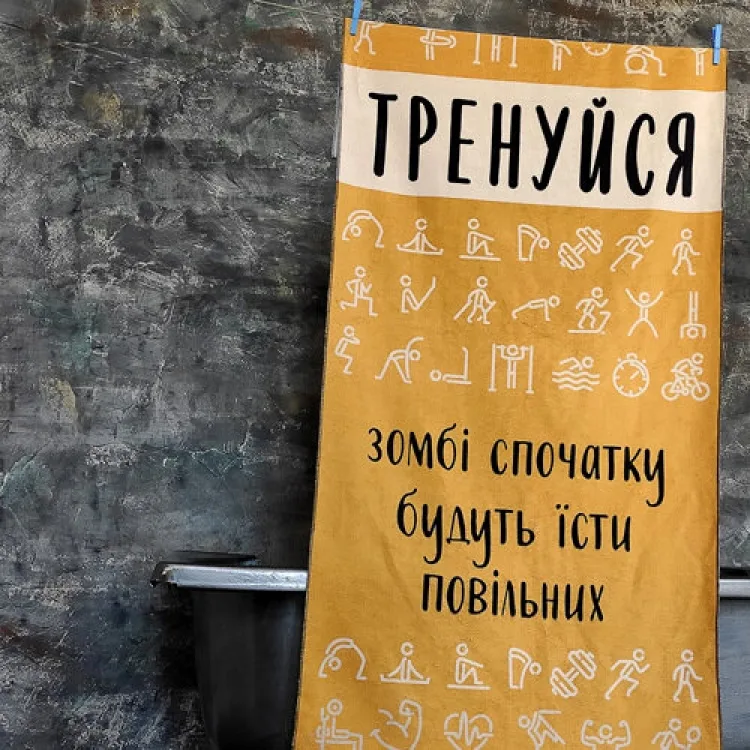 Рушник 50% бавовна 150х70 см жовтогарячий Тренуйся, зомбі будуть їсти повільних