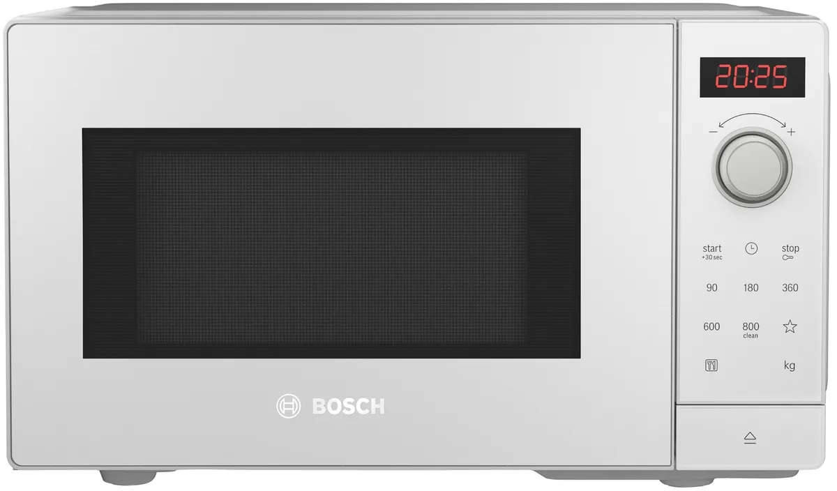 Мікрохвильова піч Bosch, об'ємом 20 літрів, електронне управління, потужність 800 Вт, білий колір.