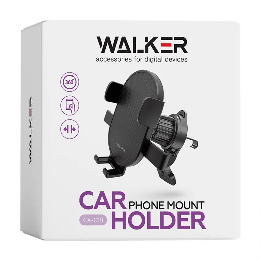 Автотримач WALKER пластик чорний для смартфонів 5,8-8,8 см 360° поворот