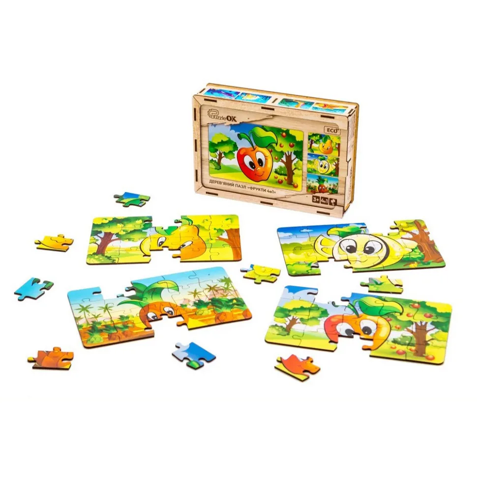 Дитячий дерев'яний пазл PuzzleOK Фрукти 80 елементів з дерева 4 в 1 яскравий