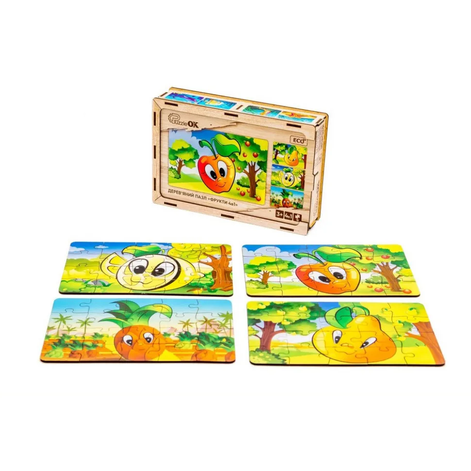 Дитячий дерев'яний пазл PuzzleOK Фрукти 80 елементів з дерева 4 в 1 яскравий