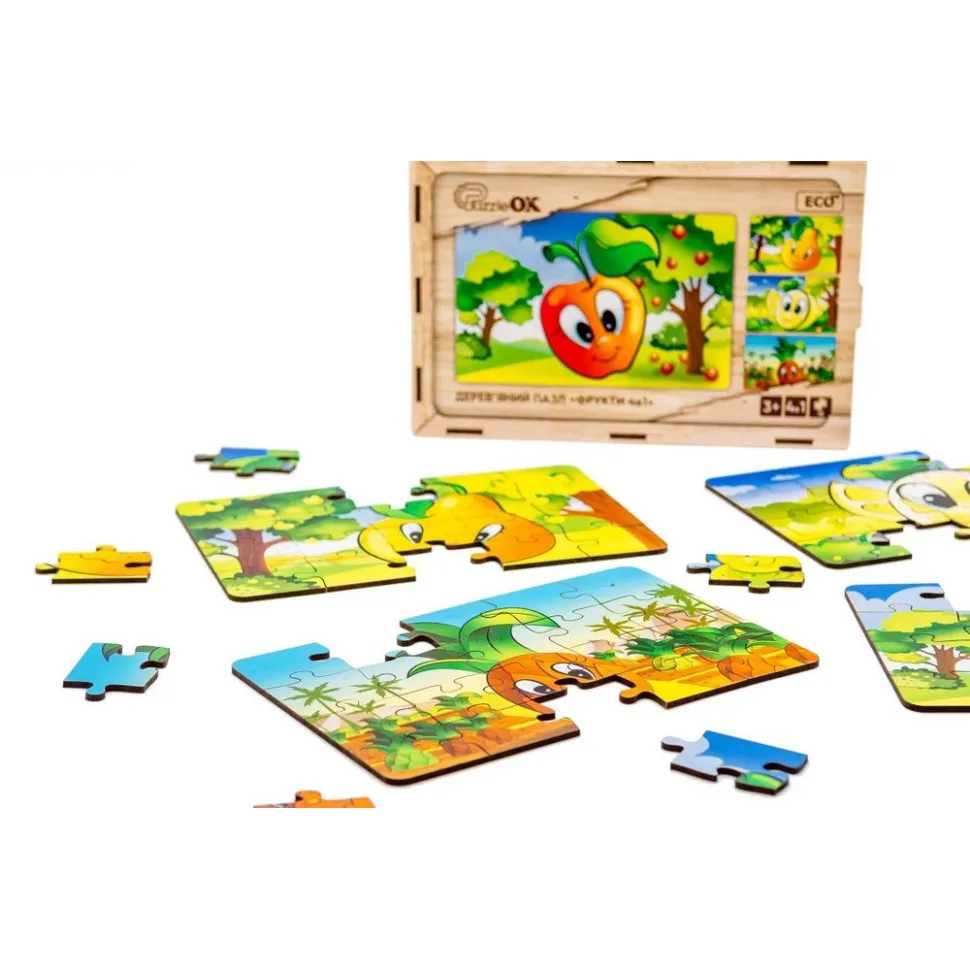Дитячий дерев'яний пазл PuzzleOK Фрукти 80 елементів з дерева 4 в 1 яскравий