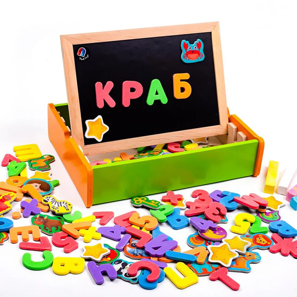 Магнітний розвивальний набір Vladi Toys з дошкою 144 магніти 4 крейди дерев'яні кольорові