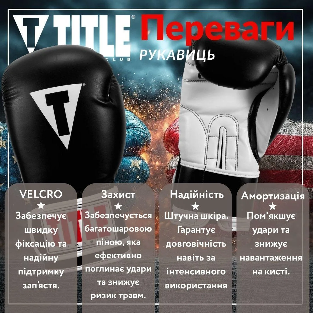 Боксерські рукавиці TITLE синтетична шкіра 14 oz чорні з капою в комплекті