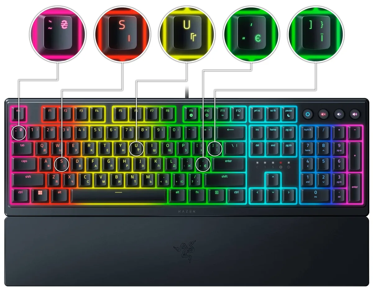 Клавіатура механічна Razer Ornata V3 104key, Mecha-Membrane Switch, USB-A, EN/UK, RGB, чорний