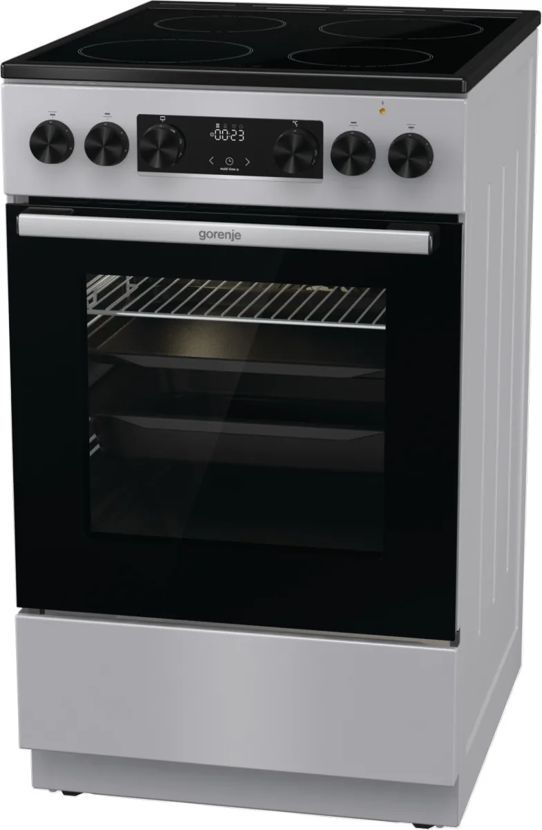 Електрична склокерамічна плита Gorenje, 70 літрів, 50x60 см, з дисплеєм та програматором, сірого кольору.