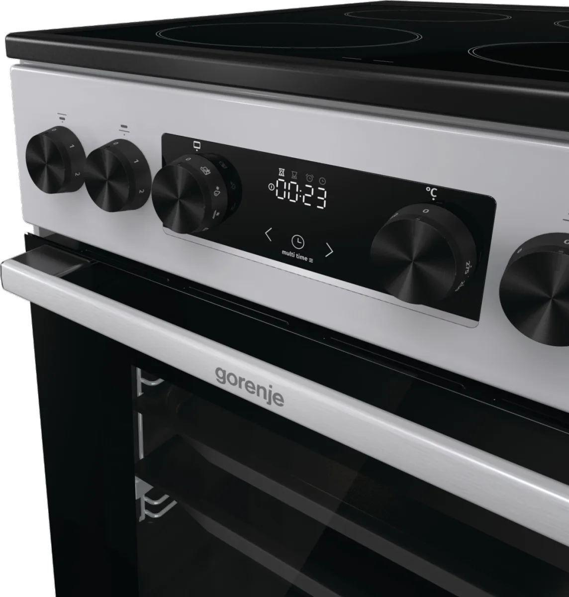 Електрична склокерамічна плита Gorenje, 70 літрів, 50x60 см, з дисплеєм та програматором, сірого кольору.