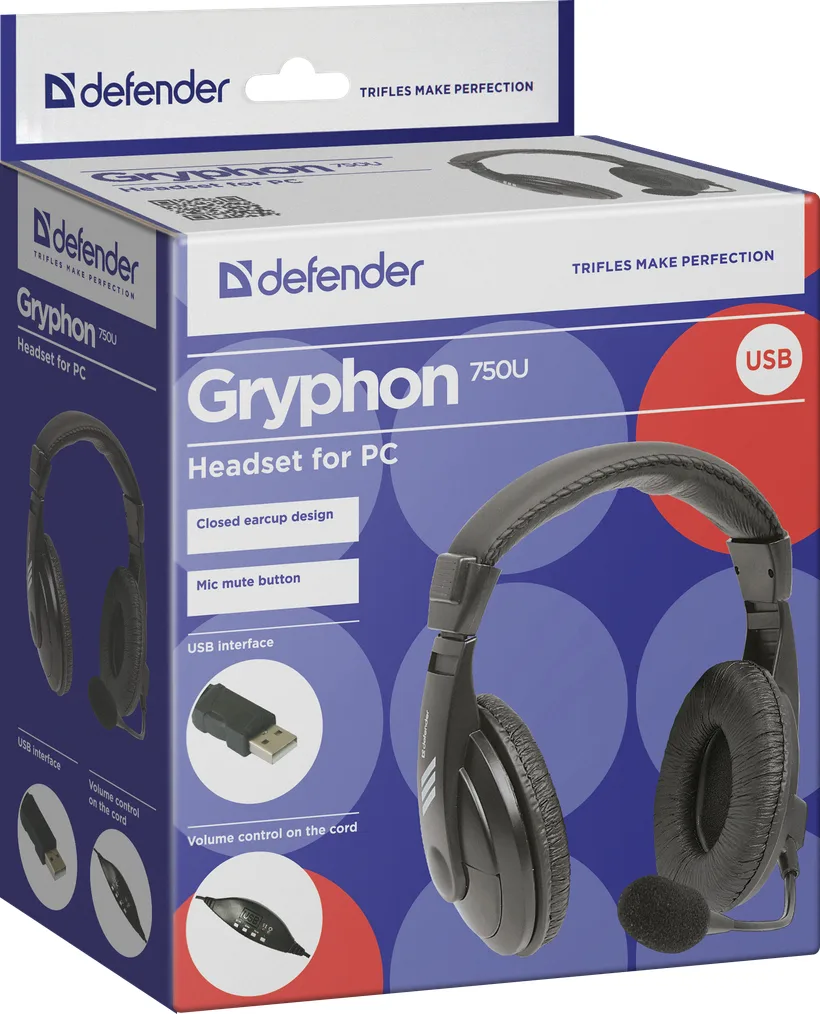 Гарнитура Defender USB полноразмерная искусственная кожа черная 1,8 м