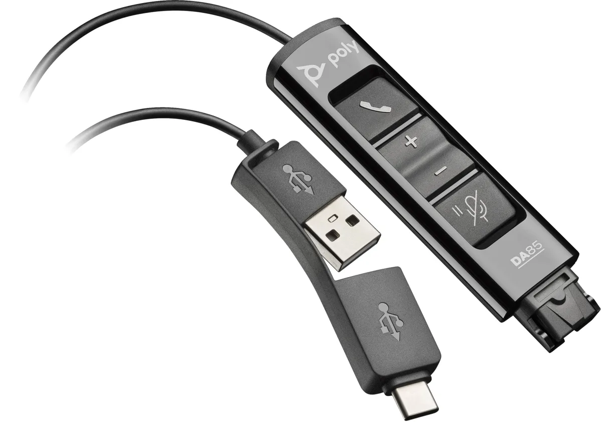 Перехідник Poly DA85 USB > QD з вбудованим пультом керування для гарнітур EncorePro, USB-A, USB-C, чорний