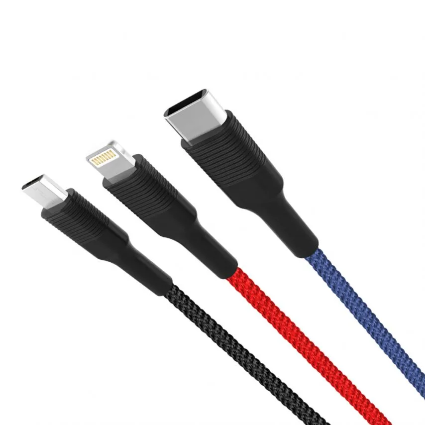 Кабель USB 3в1 XO тканинний 1,2 м чорний червоний синій