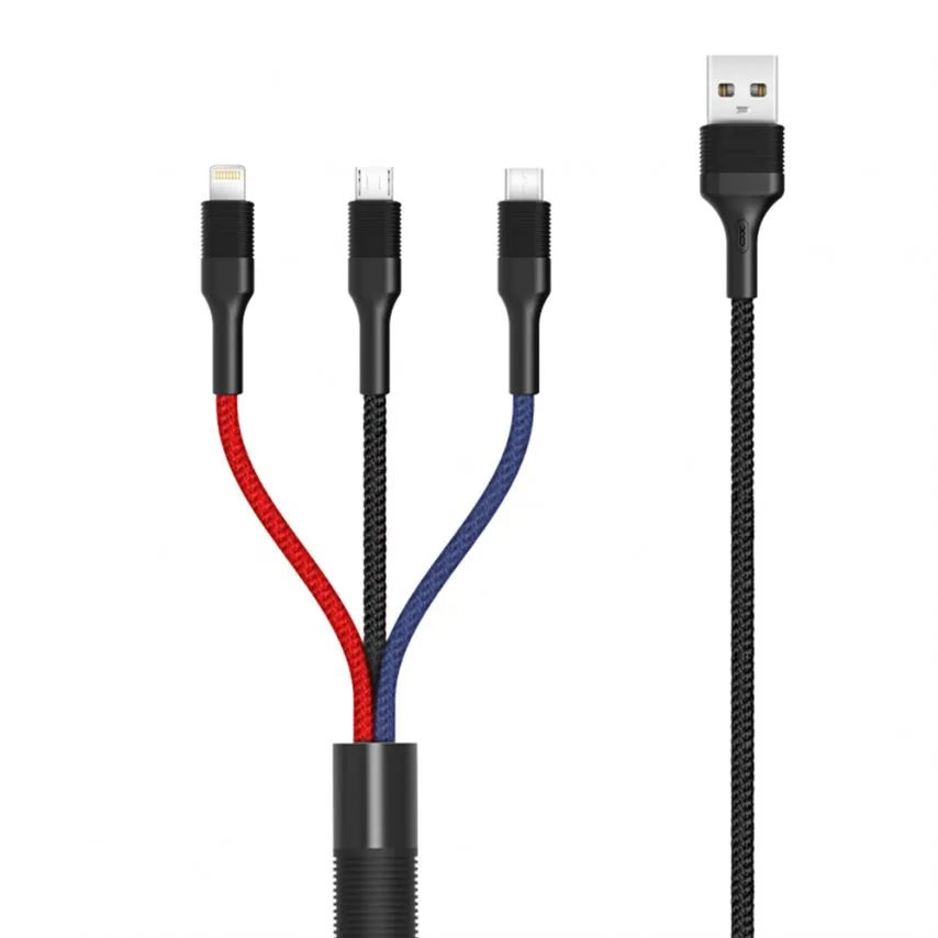 Кабель USB 3в1 XO тканинний 1,2 м чорний червоний синій