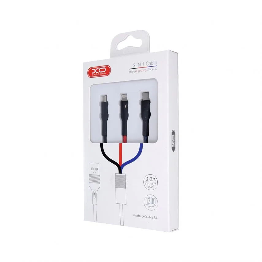 Кабель USB 3в1 XO тканинний 1,2 м чорний червоний синій