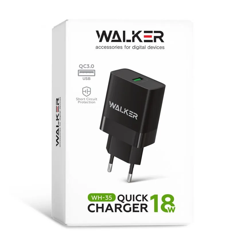 Мережевий зарядний пристрій WALKER ABS 66х44х25 мм Чорний 1USB QC3.0 18W