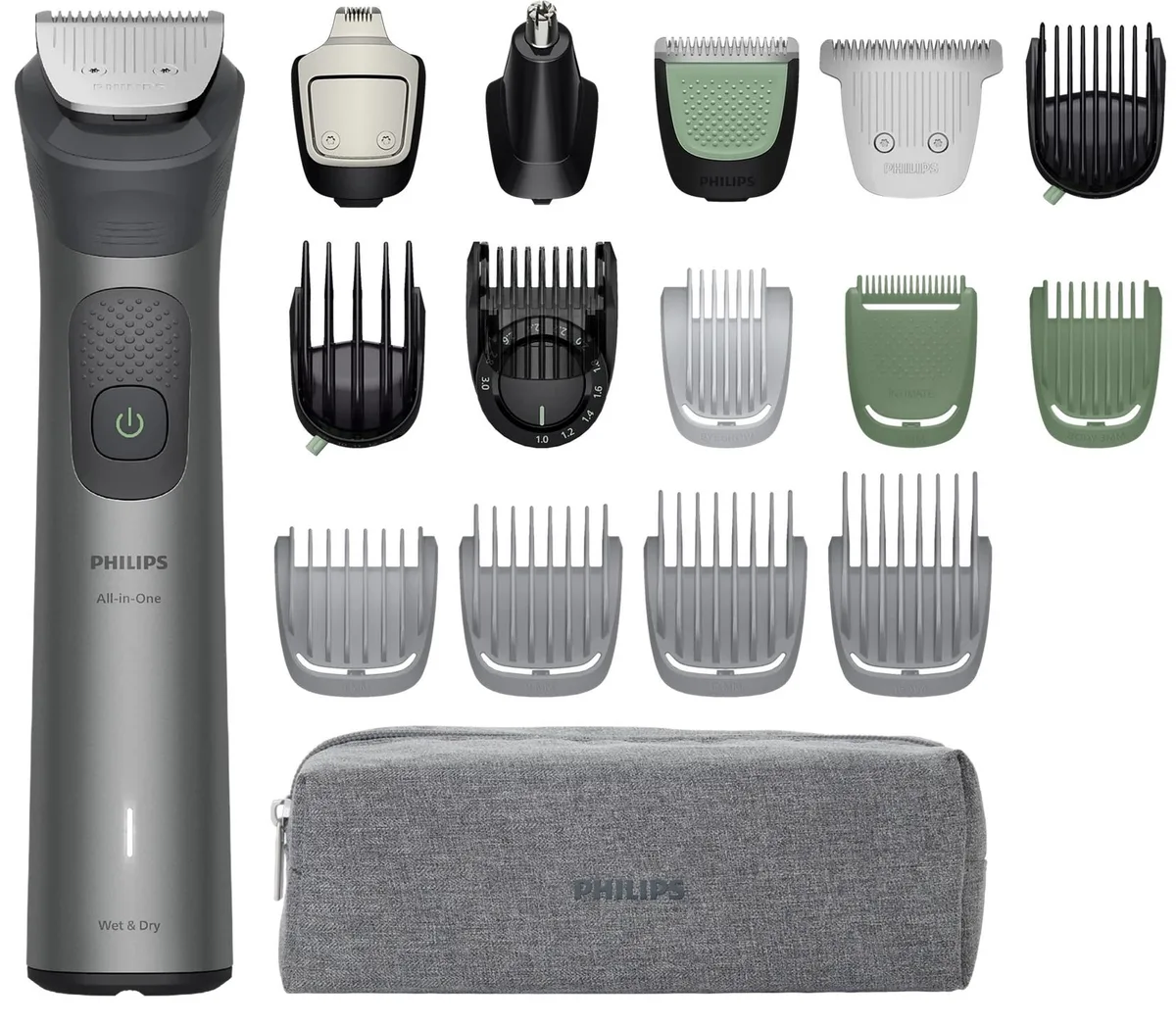 Тример Philips Series 7000 для бороди, волосся та тіла, 17 насадок, сталева конструкція, сірий колір.