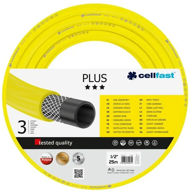 Садовий шланг Cellfast PLUS 1/2'' 25м, тришаровий, витримує тиск до 25 бар, температурний діапазон -20...+60°C.