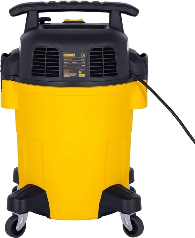 Професійний пилосос DeWalt потужністю 750 Вт, з силою всмоктування 18 кПа, об'ємом контейнера 23 л та вагою 8.3 кг.