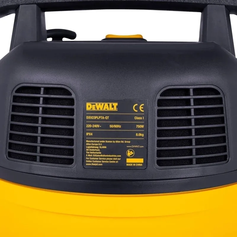 Професійний пилосос DeWalt потужністю 750 Вт, з силою всмоктування 18 кПа, об'ємом контейнера 23 л та вагою 8.3 кг.