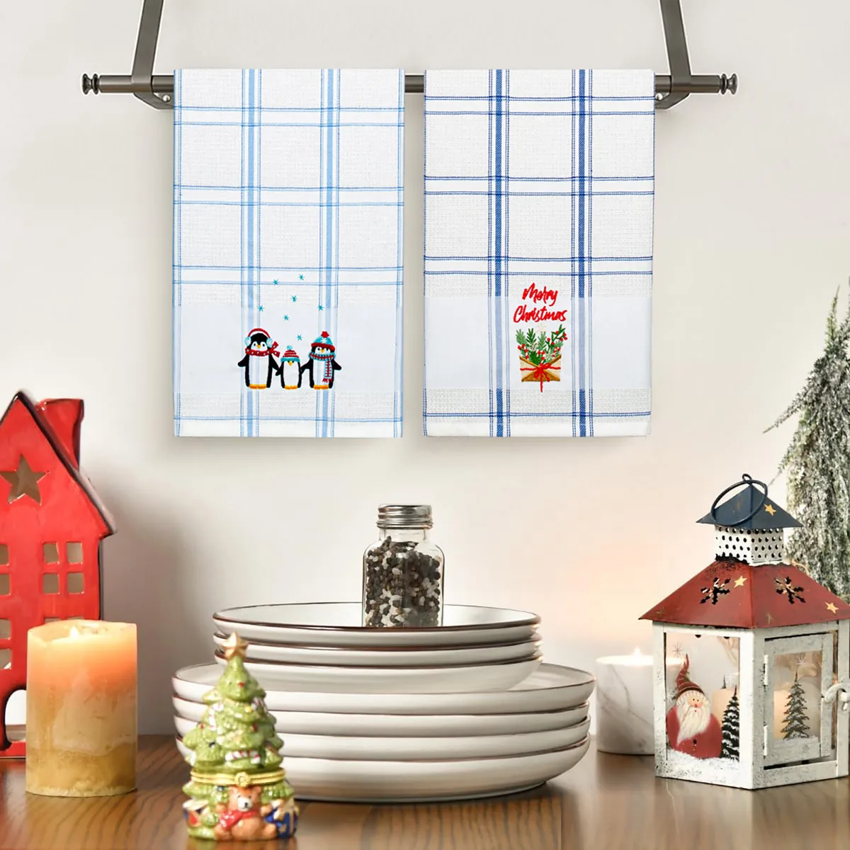 Рушник вафельний Home Line 100% бавовна 45х70 см блакитний з вишивкою пінгвіни