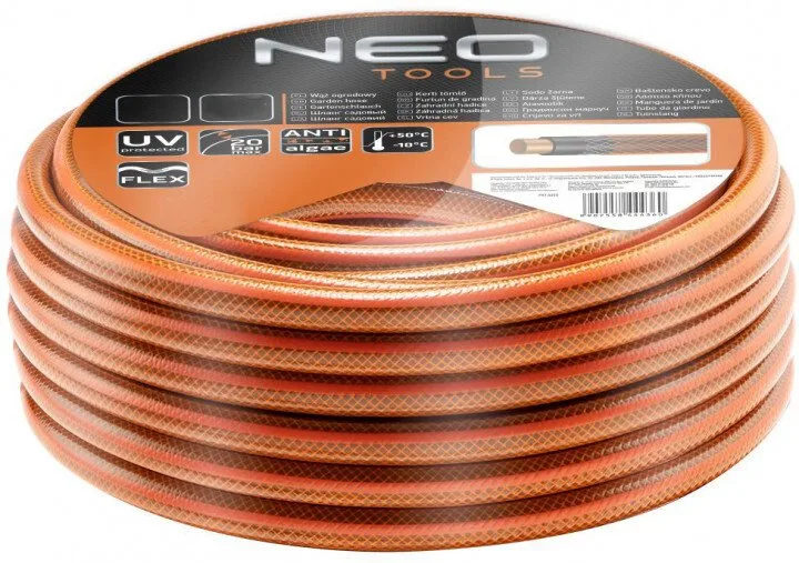 Шланг для саду Neo Tools Economic, 1/2", 30 м, 4 шари, витримує тиск до 20 бар, температурний діапазон -10...+50°C.