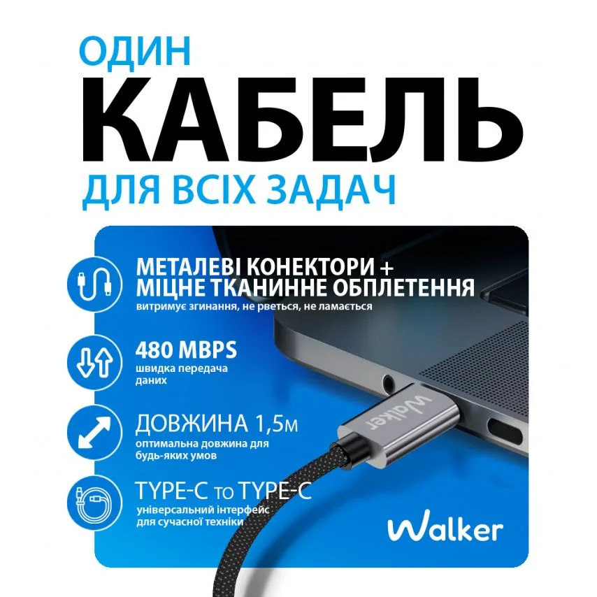 Кабель USB Type-C 1,5 м чорний тканинний 100W 5A