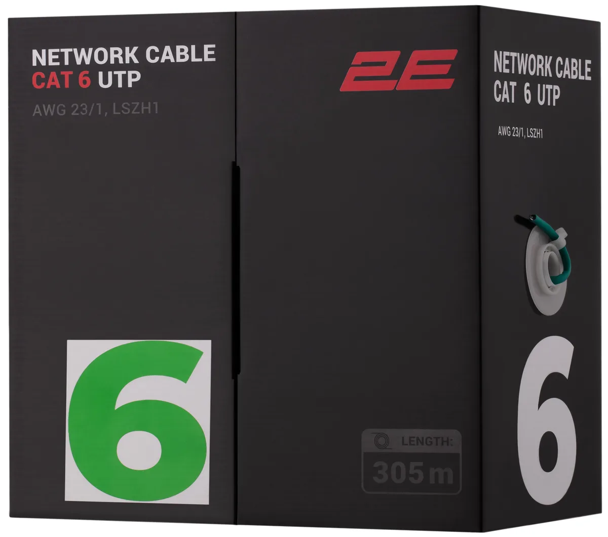 Кабель "вита пара" 2E CAT 6, U-UTP, 305м, AWG 23/1, LSZH-1, зелений
