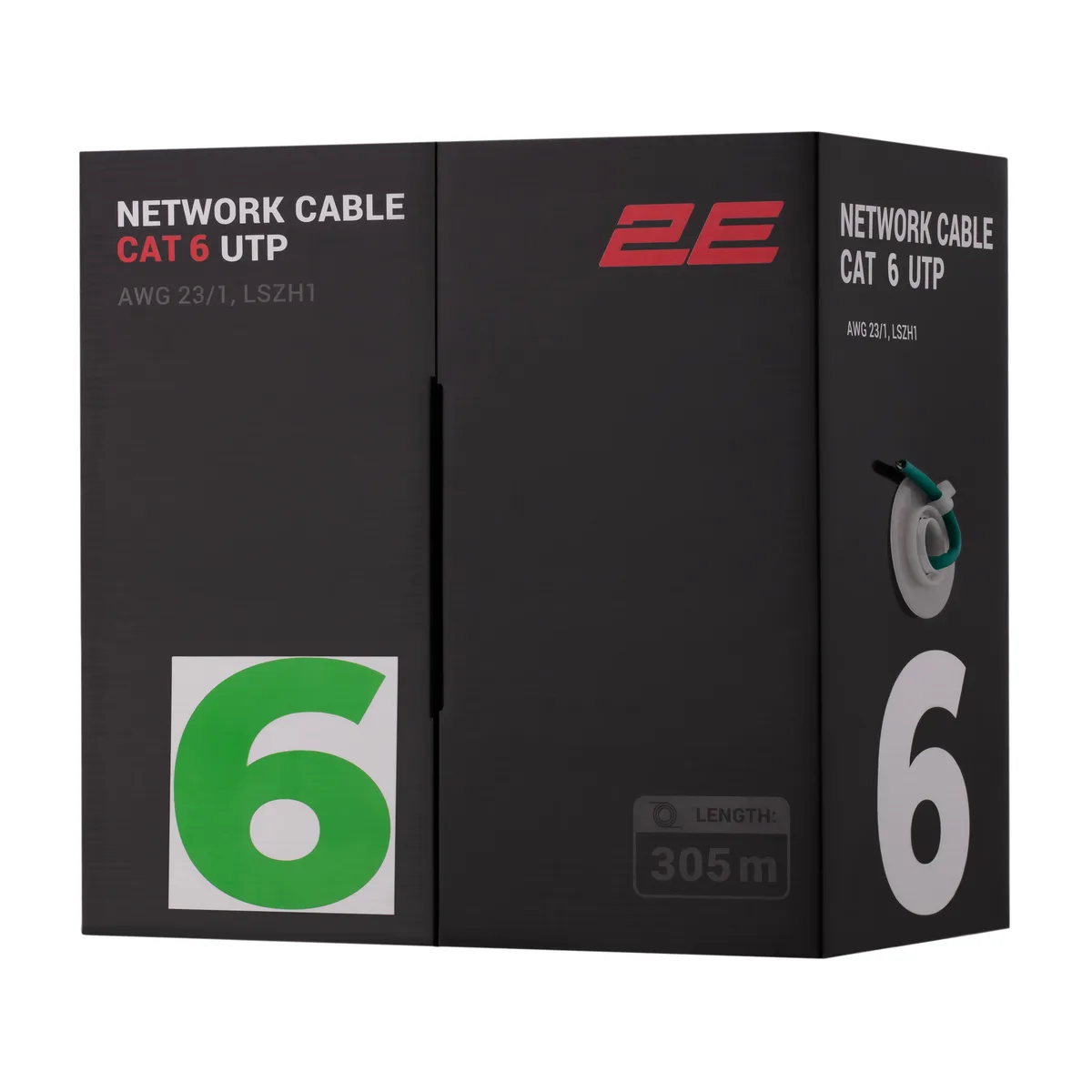Кабель "витая пара" 2E CAT 6, U-UTP, 305м, AWG 23/1, LSZH-1, зеленый.