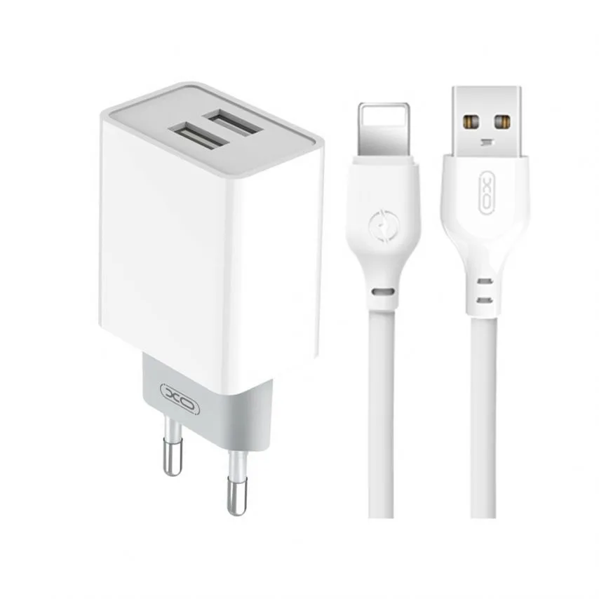 Мережевий зарядний пристрій XO 2в1 адаптер з кабелем 2USB 2.4A Lightning білий