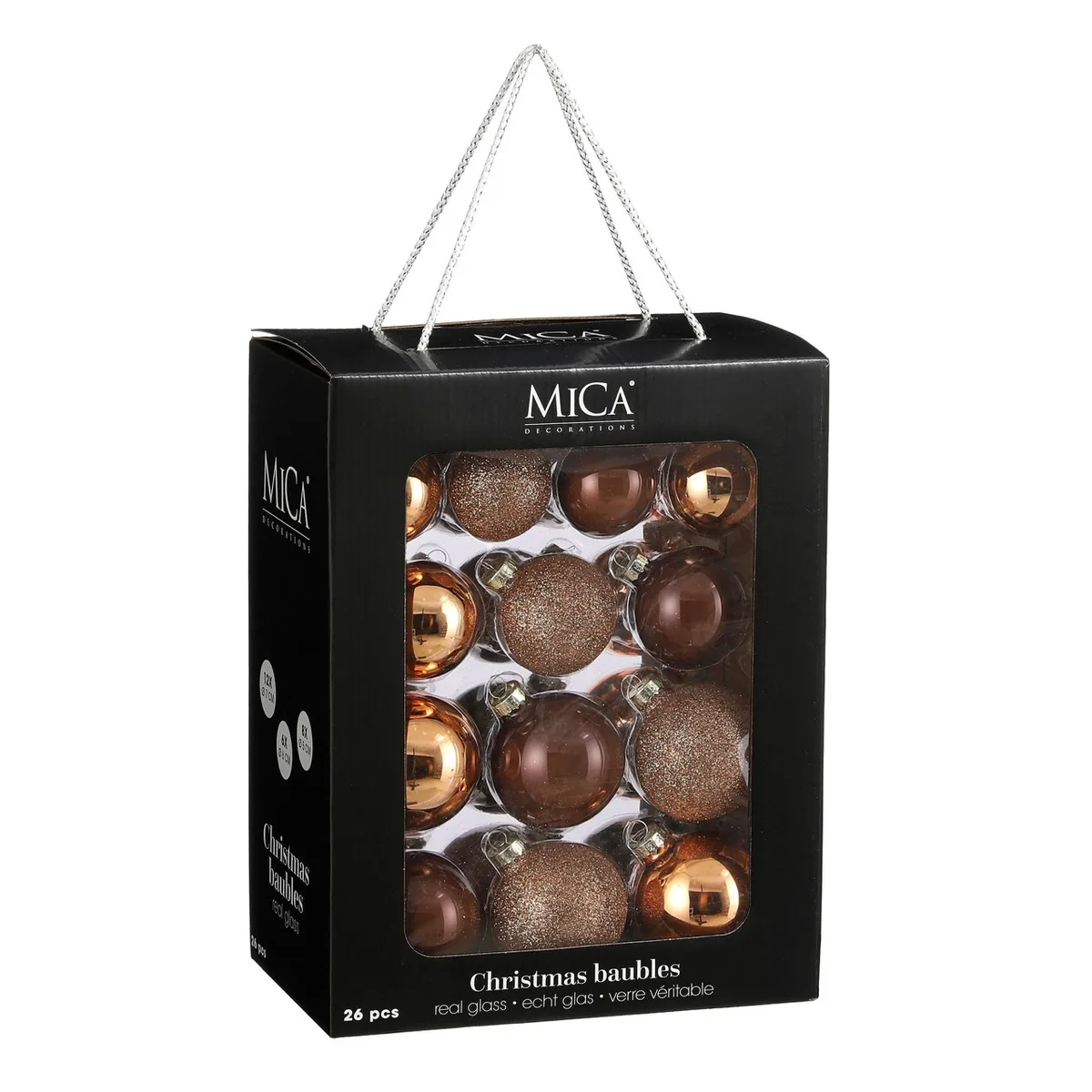 Ялинкові скляні кулі Mica Decorations 26 шт 7/6/5 см шоколадний