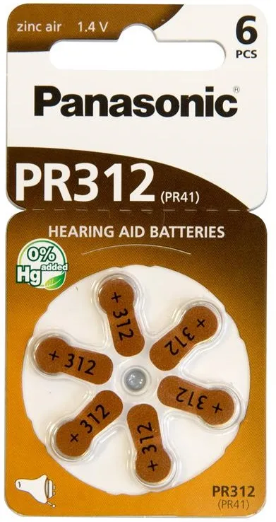 Батарейка Panasonic повітряно-цинкова PR312(312A, AC312E/EZ, PR312H, PR41, ZA312, DA312) блістер, 6 шт.