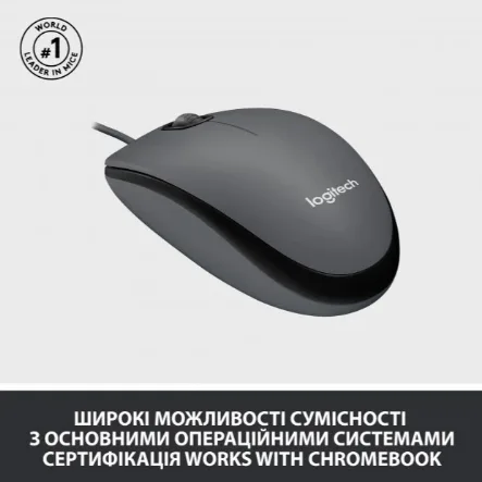 Миша комп'ютерна Logitech дротова оптична USB середня чорна 1,8 м