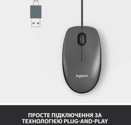Миша комп'ютерна Logitech дротова оптична USB середня чорна 1,8 м