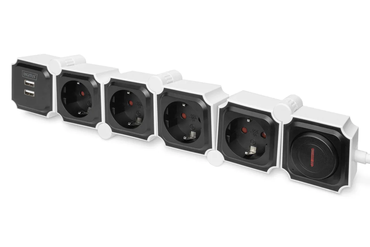 Блок розеток DIGITUS Flexible, 4xSchuko 16A, 2xUSB 2.4A, выключатель