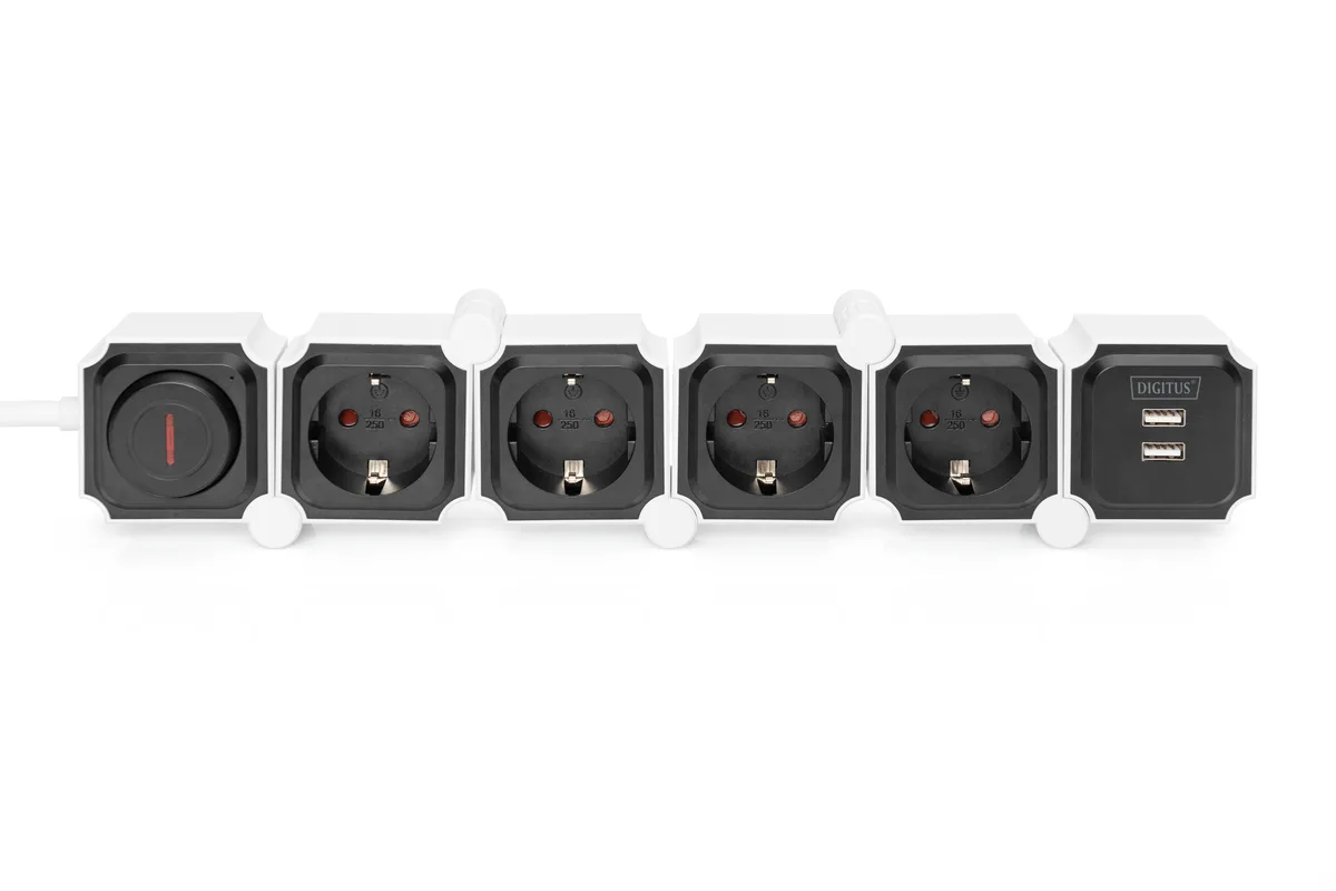 Блок розеток DIGITUS Flexible, 4xSchuko 16A, 2xUSB 2.4A, выключатель