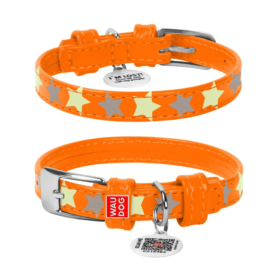 Нашийник WAUDOG Glamour світловідбивний шкіряний Зірочка XS 12 мм 21-29 см помаранчевий
