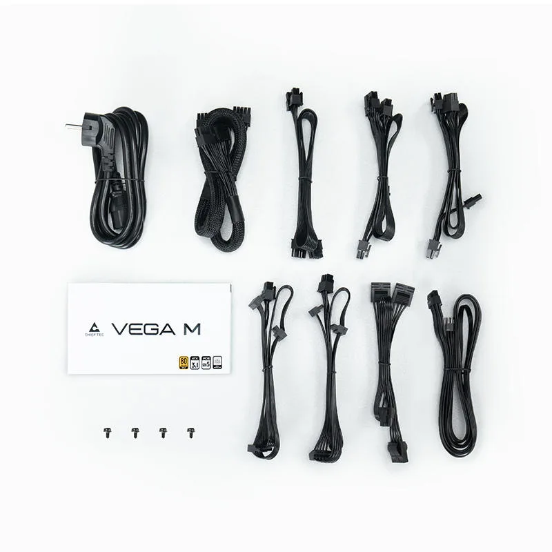 Блок питания CHIEFTEC Vega M (1000W), >90%, 80+ Gold, 135мм FDB, 1xMB 24pin(20+4), 2xCPU 8pin(4+4), 3xMolex, 6xSATA, 4xPCIe 8pin(6+2), 1xPCIe GEN5 16pin, полностью модульный.