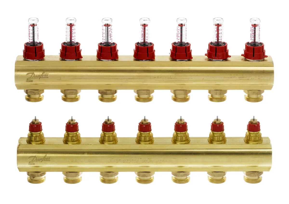 Розподільний колектор Danfoss FHF-F, 7+7 контурів, з ротаметрами, латунь