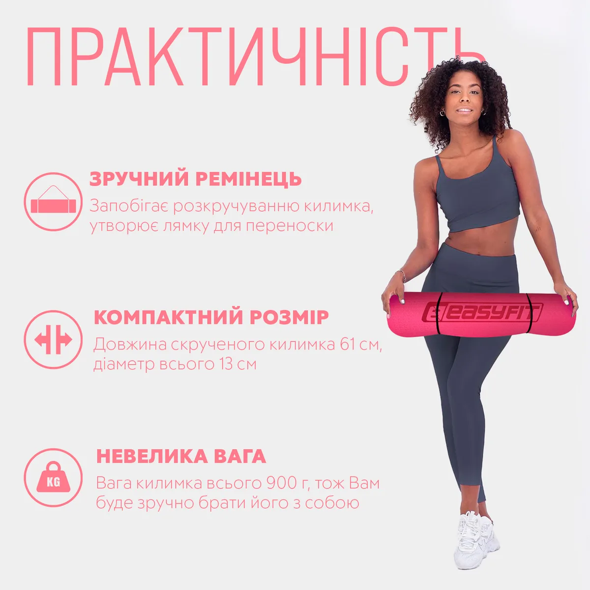 Коврик для йоги та фітнесу EasyFit TPE 183х61 см 6 мм рожевий