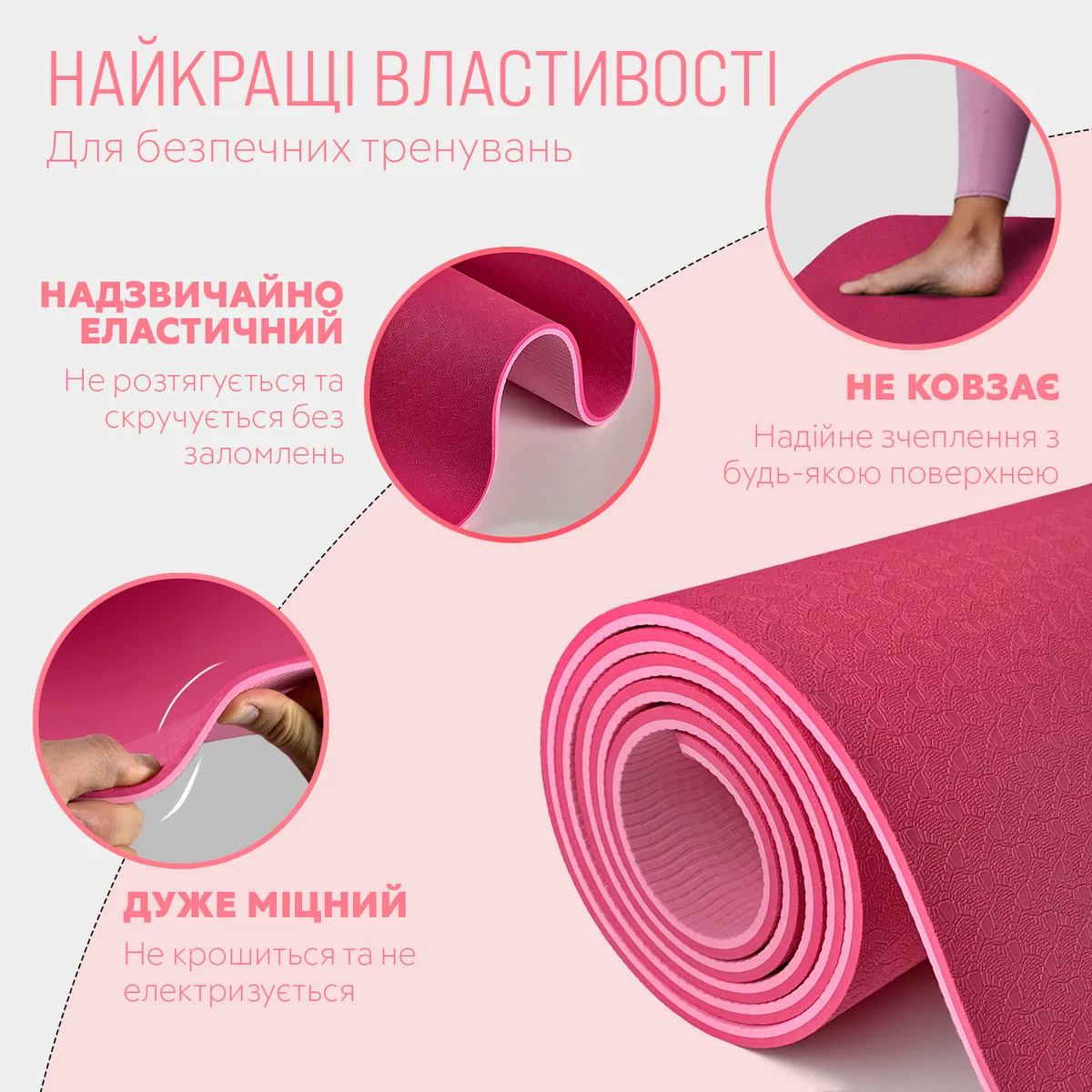 Коврик для йоги та фітнесу EasyFit TPE 183х61 см 6 мм рожевий